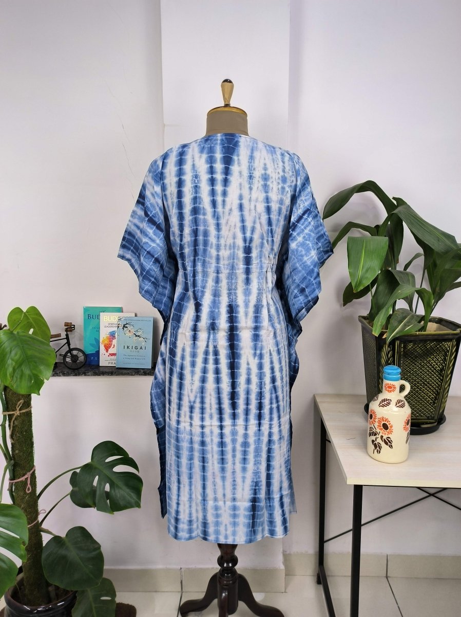 Boho Style Kaftan Dress | Indian Handprinted Blue White Indigo Tie Dye | Breathable Lightweight Cotton Fabric, Comfortable Chic Summer Look - The Eastern Loom