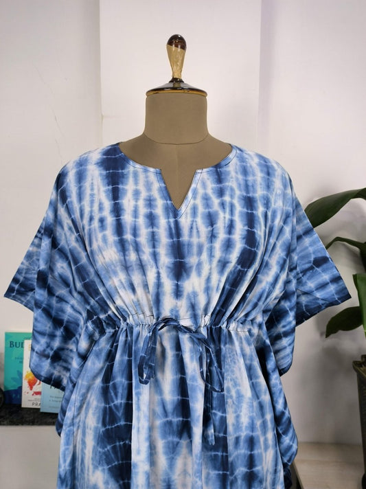 Boho Style Kaftan Dress | Indian Handprinted Blue White Indigo Tie Dye | Breathable Lightweight Cotton Fabric, Comfortable Chic Summer Look - The Eastern Loom