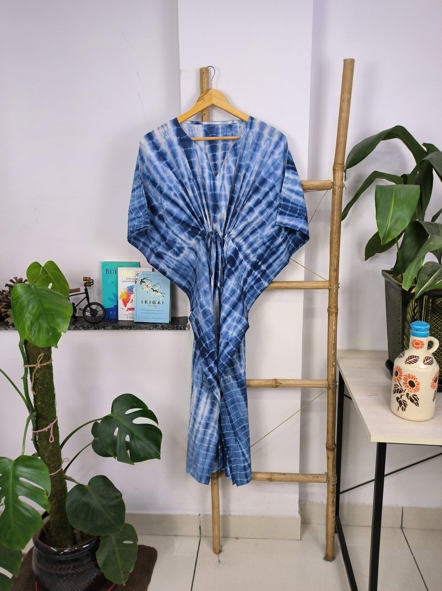 Boho Style Kaftan Dress | Indian Handprinted Blue White Indigo Tie Dye | Breathable Lightweight Cotton Fabric, Comfortable Chic Summer Look - The Eastern Loom