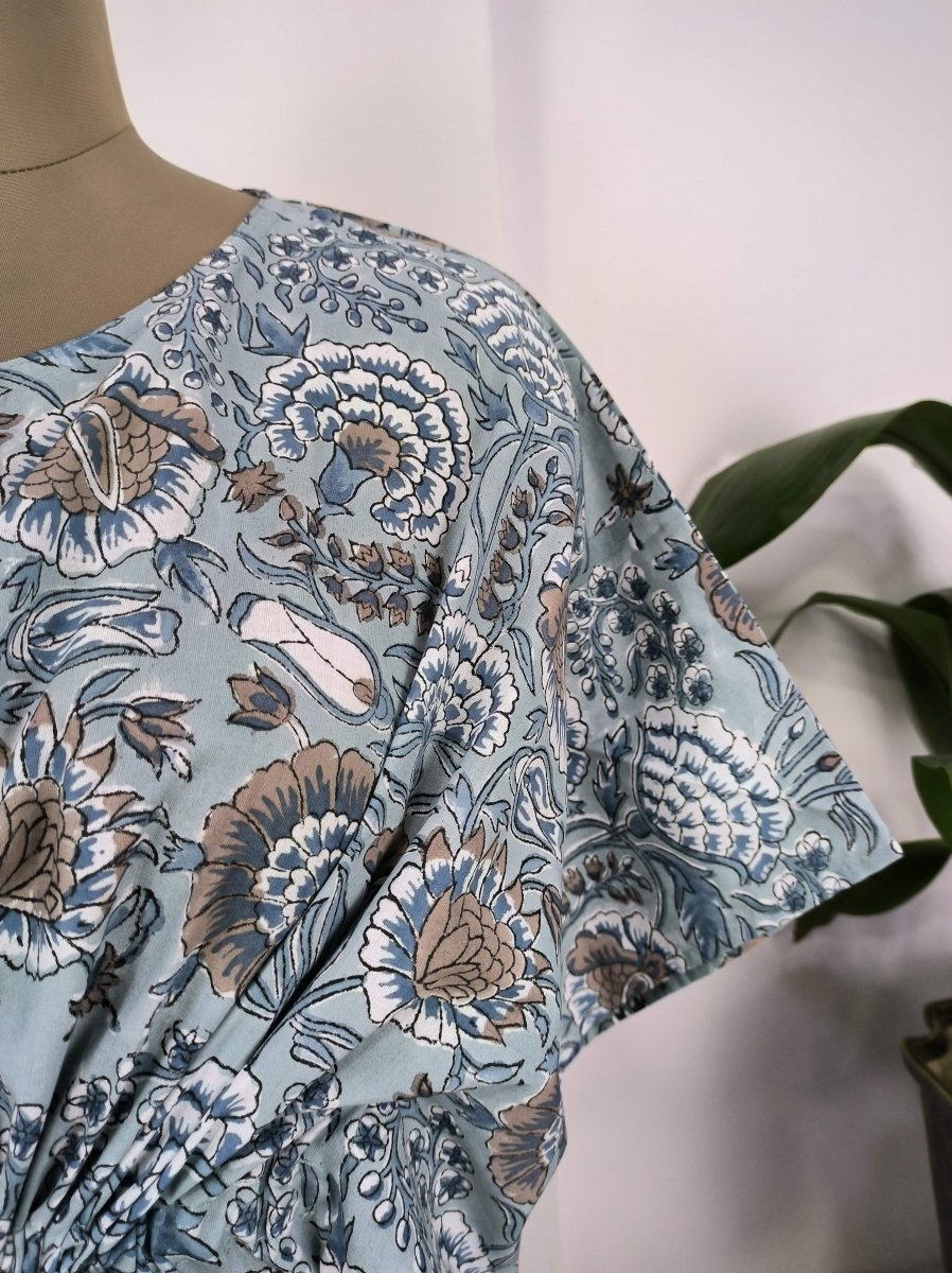 Boho Style Kaftan Dress | Indian Handprinted Deep Steel Grey Botanical | Breathable Lightweight Cotton Fabric, Comfortable Chic Summer Look - The Eastern Loom