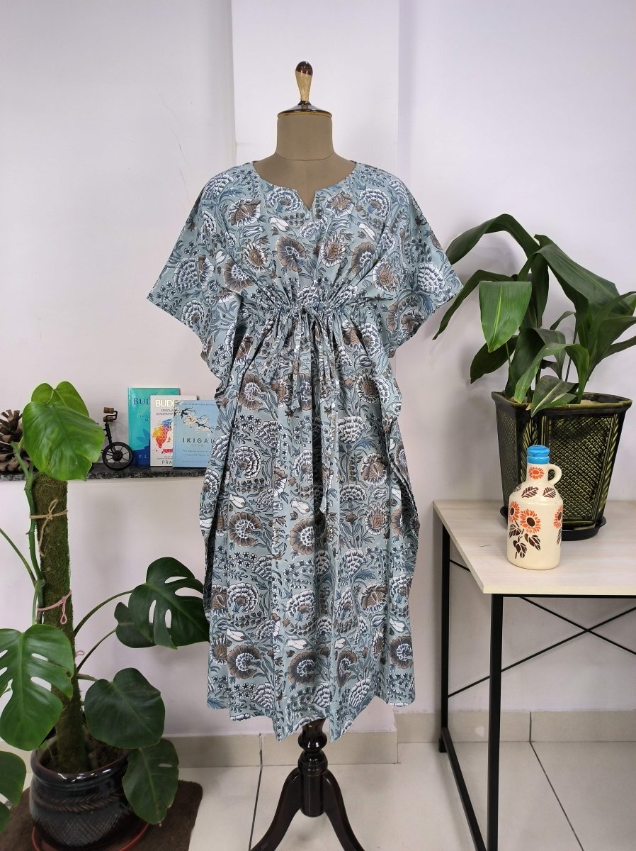 Boho Style Kaftan Dress | Indian Handprinted Deep Steel Grey Botanical | Breathable Lightweight Cotton Fabric, Comfortable Chic Summer Look - The Eastern Loom