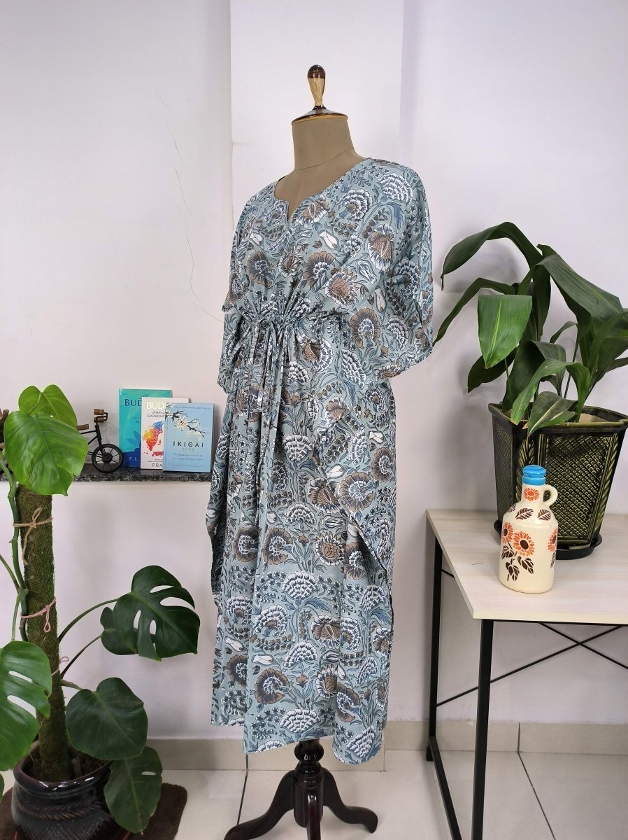 Boho Style Kaftan Dress | Indian Handprinted Deep Steel Grey Botanical | Breathable Lightweight Cotton Fabric, Comfortable Chic Summer Look - The Eastern Loom