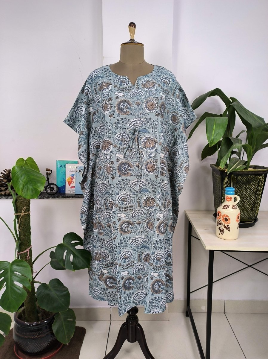 Boho Style Kaftan Dress | Indian Handprinted Deep Steel Grey Botanical | Breathable Lightweight Cotton Fabric, Comfortable Chic Summer Look - The Eastern Loom