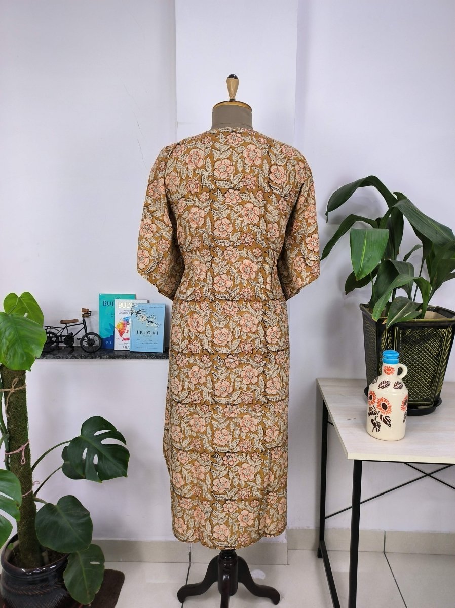 Boho Style Kaftan Dress | Indian Handprinted Golden Brown Daffodils | Breathable Lightweight Cotton Fabric, Comfortable Chic Summer Look - The Eastern Loom