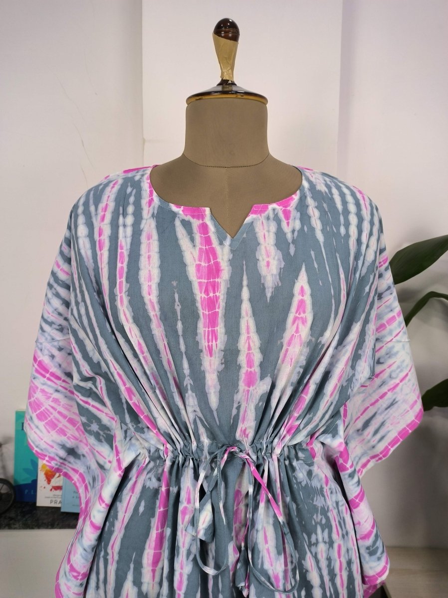 Boho Style Kaftan Dress | Indian Handprinted Pink Metallic Grey Tie Dye | Breathable Lightweight Cotton Fabric, Comfortable Chic Summer Look - The Eastern Loom