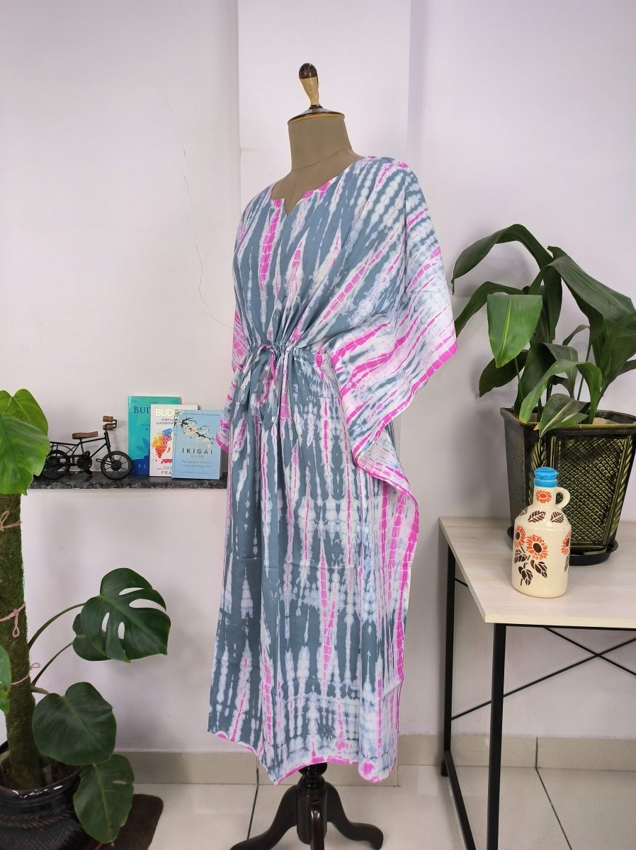 Boho Style Kaftan Dress | Indian Handprinted Pink Metallic Grey Tie Dye | Breathable Lightweight Cotton Fabric, Comfortable Chic Summer Look - The Eastern Loom