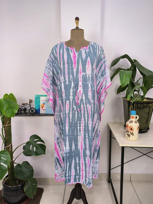 Boho Style Kaftan Dress | Indian Handprinted Pink Metallic Grey Tie Dye | Breathable Lightweight Cotton Fabric, Comfortable Chic Summer Look - The Eastern Loom