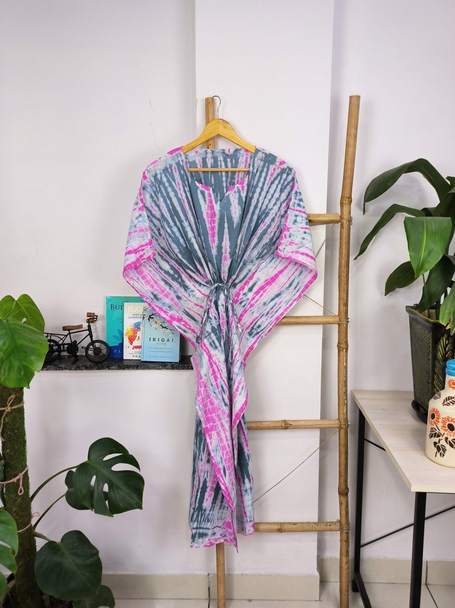 Boho Style Kaftan Dress | Indian Handprinted Pink Metallic Grey Tie Dye | Breathable Lightweight Cotton Fabric, Comfortable Chic Summer Look - The Eastern Loom