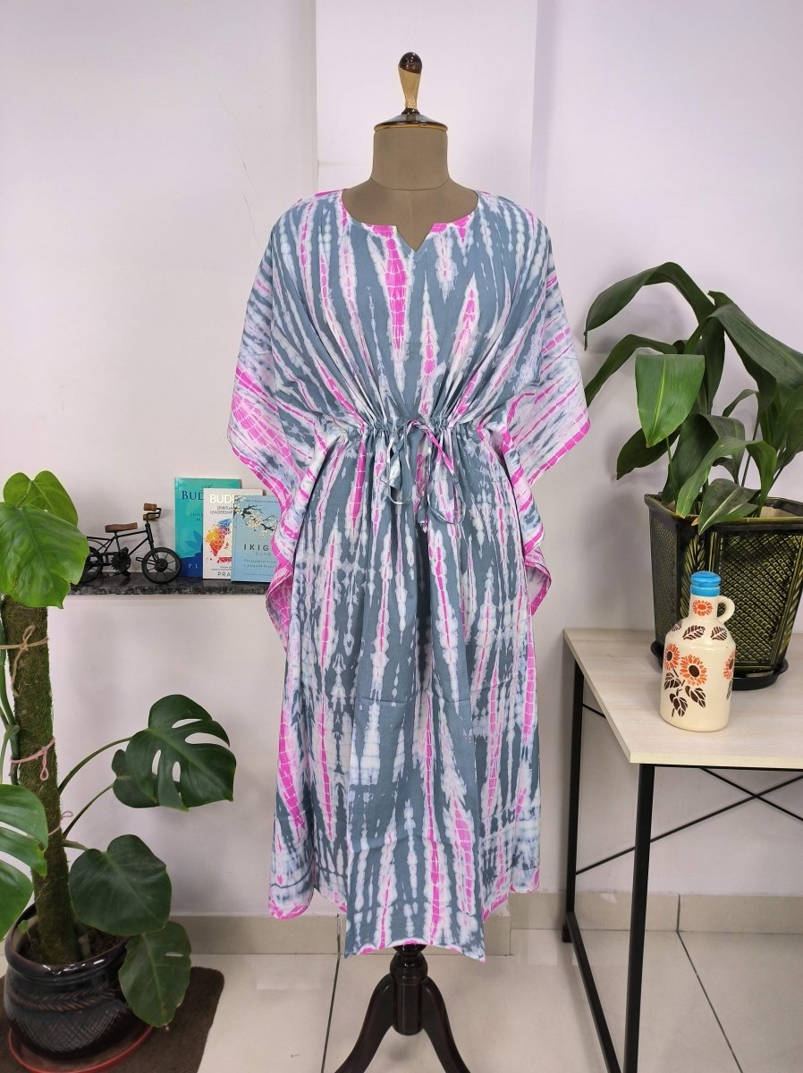 Boho Style Kaftan Dress | Indian Handprinted Pink Metallic Grey Tie Dye | Breathable Lightweight Cotton Fabric, Comfortable Chic Summer Look - The Eastern Loom
