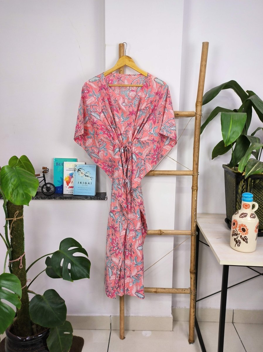 Boho Style Kaftan Dress | Indian Handprinted Salmon Pink Floral Blossom | Breathable Lightweight Cotton Fabric, Comfortable Chic Summer Look - The Eastern Loom