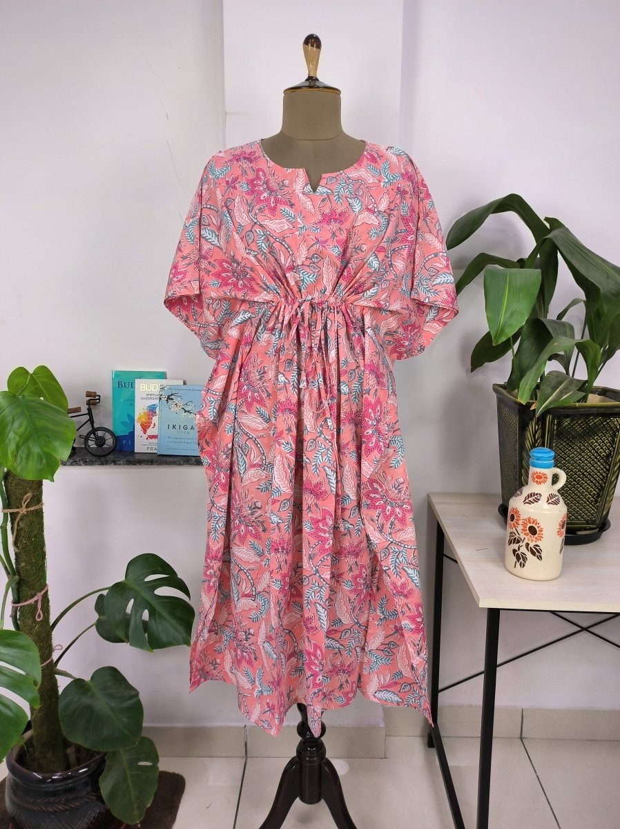 Boho Style Kaftan Dress | Indian Handprinted Salmon Pink Floral Blossom | Breathable Lightweight Cotton Fabric, Comfortable Chic Summer Look - The Eastern Loom