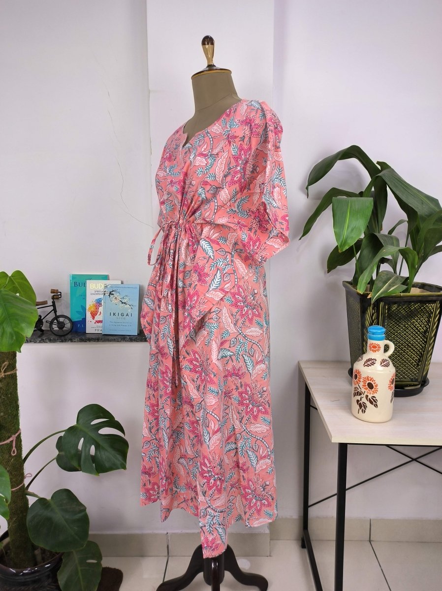 Boho Style Kaftan Dress | Indian Handprinted Salmon Pink Floral Blossom | Breathable Lightweight Cotton Fabric, Comfortable Chic Summer Look - The Eastern Loom