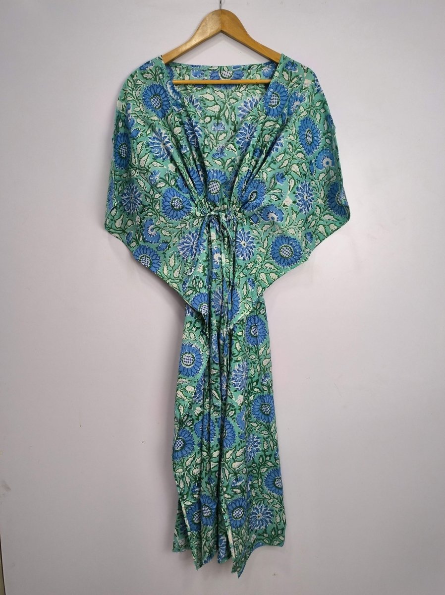 Boho Style Kaftan Dress | Indian Handprinted Sea Green Blue Sun Floral | Breathable Lightweight Cotton Fabric, Comfortable Chic Summer Look - The Eastern Loom