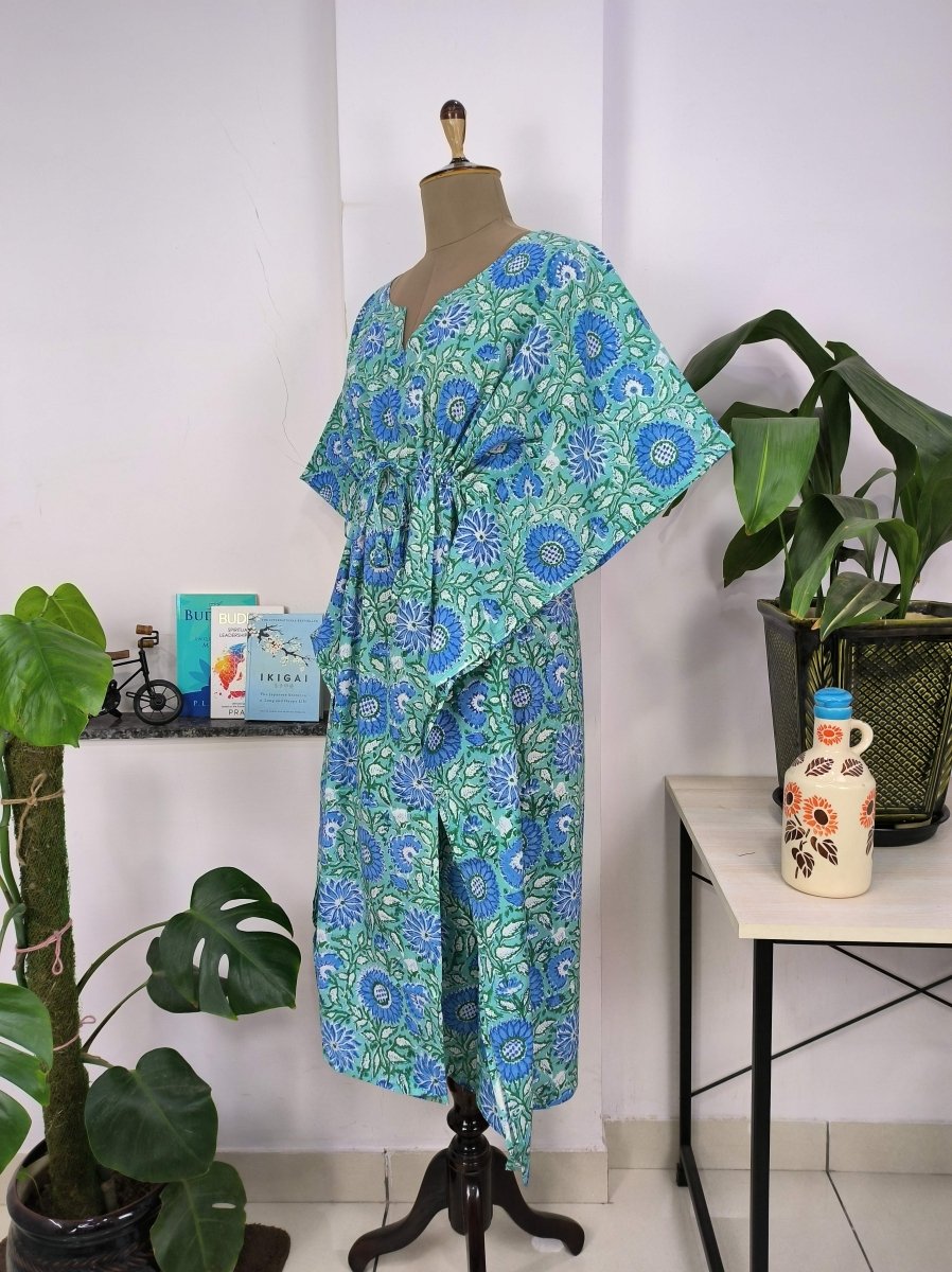 Boho Style Kaftan Dress | Indian Handprinted Sea Green Blue Sun Floral | Breathable Lightweight Cotton Fabric, Comfortable Chic Summer Look - The Eastern Loom