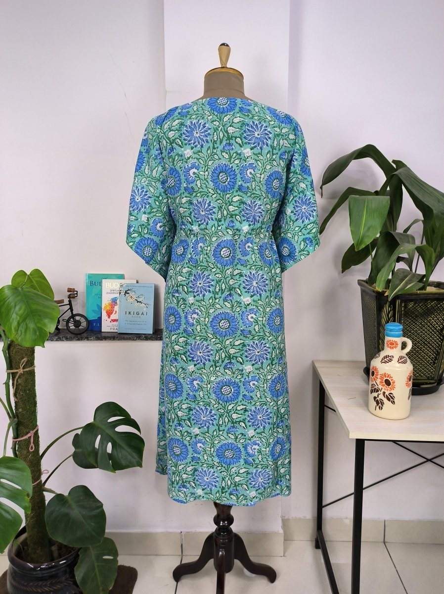 Boho Style Kaftan Dress | Indian Handprinted Sea Green Blue Sun Floral | Breathable Lightweight Cotton Fabric, Comfortable Chic Summer Look - The Eastern Loom