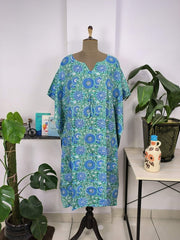Boho Style Kaftan Dress | Indian Handprinted Sea Green Blue Sun Floral | Breathable Lightweight Cotton Fabric, Comfortable Chic Summer Look - The Eastern Loom