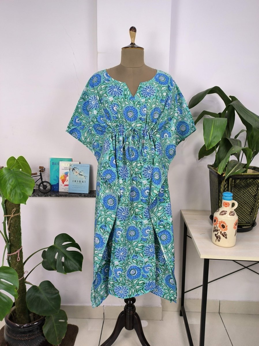 Boho Style Kaftan Dress | Indian Handprinted Sea Green Blue Sun Floral | Breathable Lightweight Cotton Fabric, Comfortable Chic Summer Look - The Eastern Loom