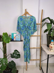 Boho Style Kaftan Dress | Indian Handprinted Sea Green Blue Sun Floral | Breathable Lightweight Cotton Fabric, Comfortable Chic Summer Look - The Eastern Loom