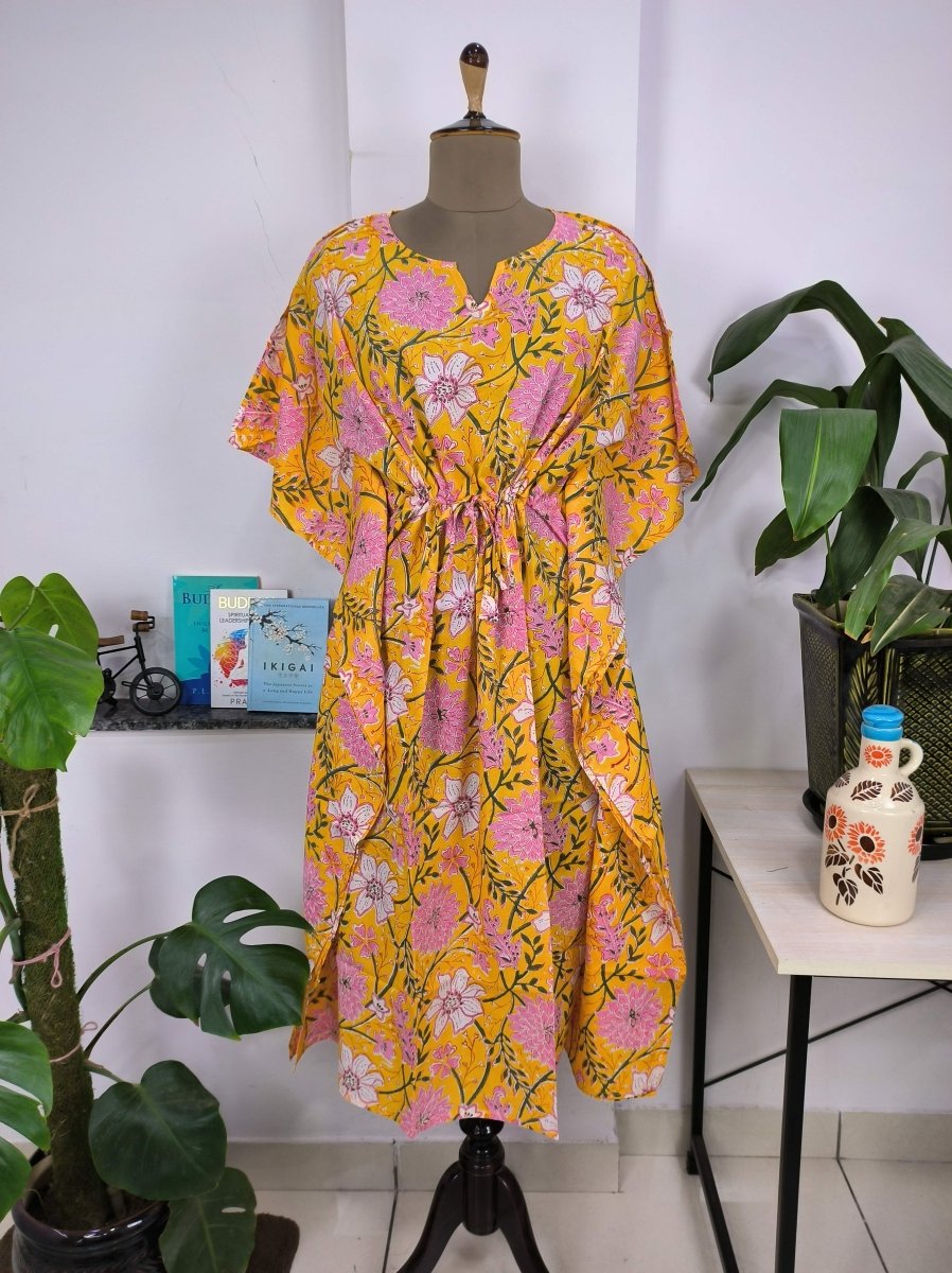Boho Style Kaftan Dress | Indian Handprinted Sun Shine Garden Botanical | Breathable Lightweight Cotton Fabric Comfortable Chic Summer Look - The Eastern Loom