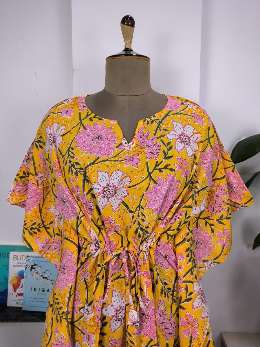 Boho Style Kaftan Dress | Indian Handprinted Sun Shine Garden Botanical | Breathable Lightweight Cotton Fabric Comfortable Chic Summer Look - The Eastern Loom