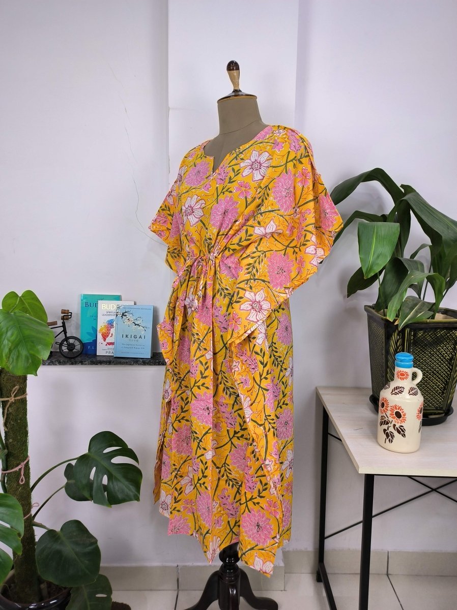 Boho Style Kaftan Dress | Indian Handprinted Sun Shine Garden Botanical | Breathable Lightweight Cotton Fabric Comfortable Chic Summer Look - The Eastern Loom