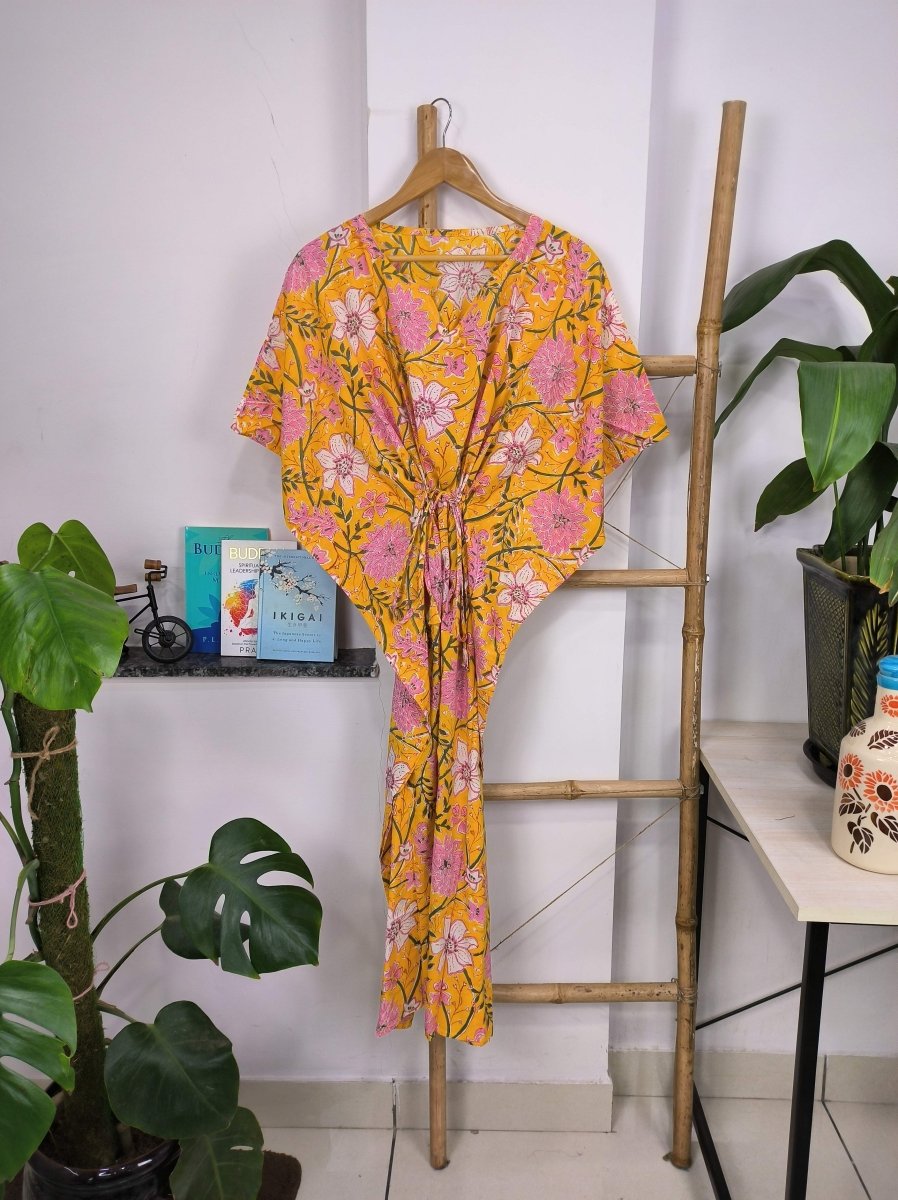 Boho Style Kaftan Dress | Indian Handprinted Sun Shine Garden Botanical | Breathable Lightweight Cotton Fabric Comfortable Chic Summer Look - The Eastern Loom