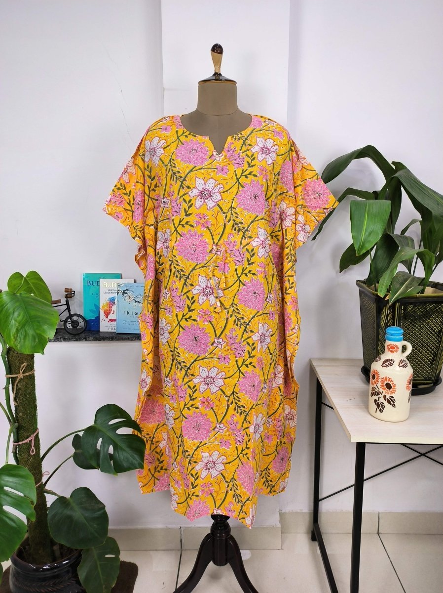 Boho Style Kaftan Dress | Indian Handprinted Sun Shine Garden Botanical | Breathable Lightweight Cotton Fabric Comfortable Chic Summer Look - The Eastern Loom