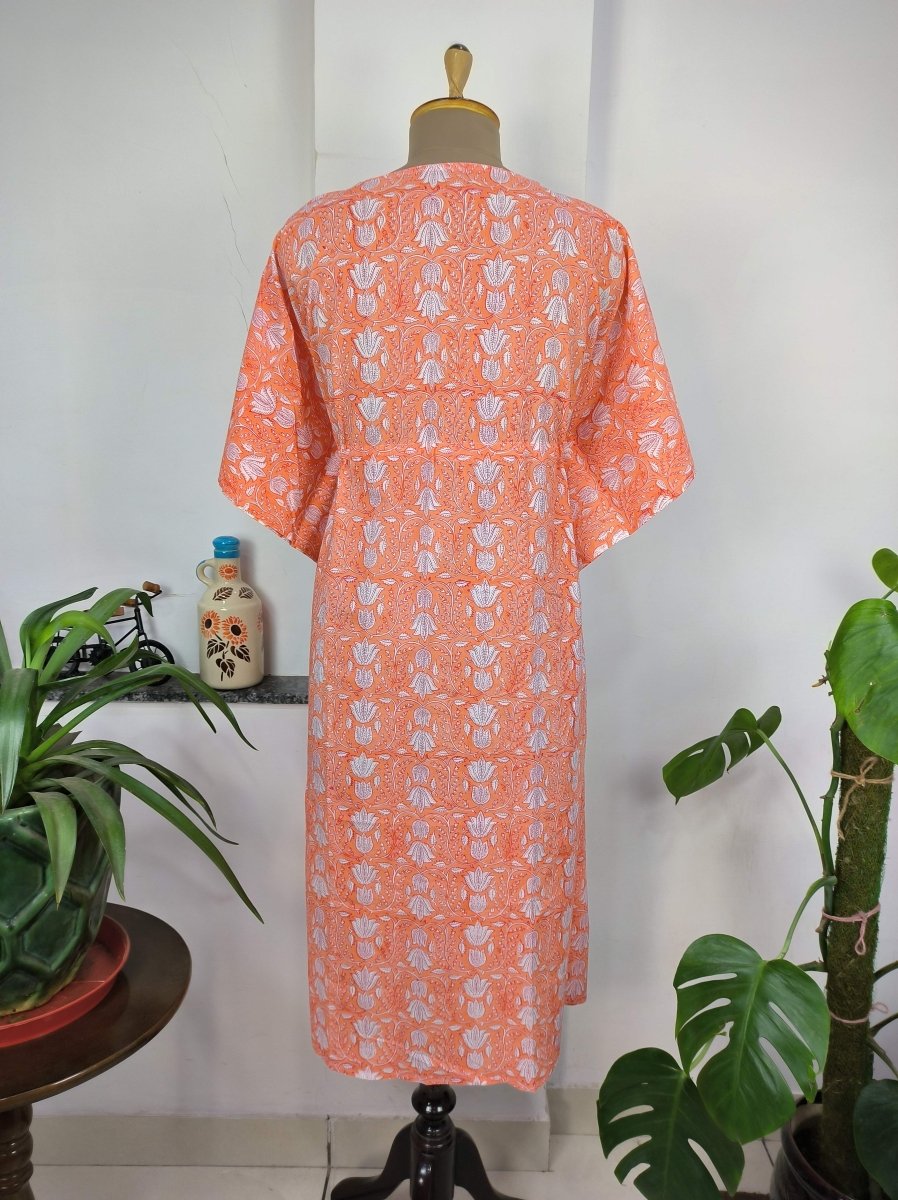 Boho Style Kaftan Dress | Indian Handprinted Sunrise Orange Botanical | Breathable Lightweight Cotton Fabric Comfortable Chic Summer Look - The Eastern Loom