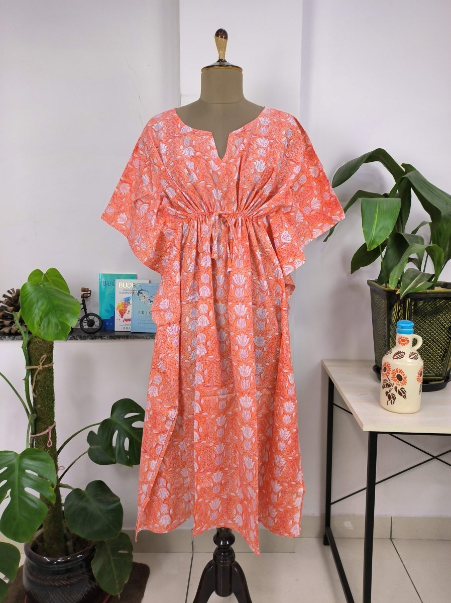 Boho Style Kaftan Dress | Indian Handprinted Sunrise Orange Botanical | Breathable Lightweight Cotton Fabric Comfortable Chic Summer Look - The Eastern Loom