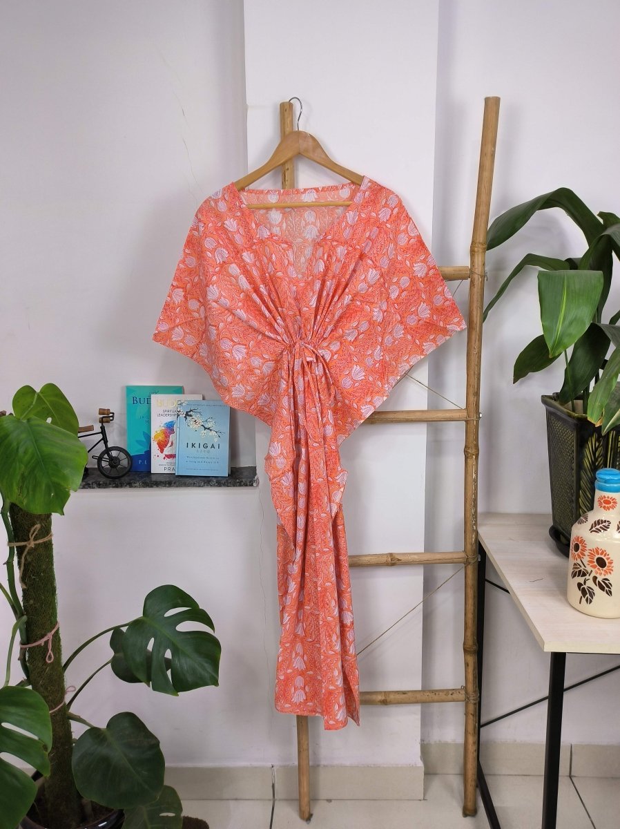 Boho Style Kaftan Dress | Indian Handprinted Sunrise Orange Botanical | Breathable Lightweight Cotton Fabric Comfortable Chic Summer Look - The Eastern Loom