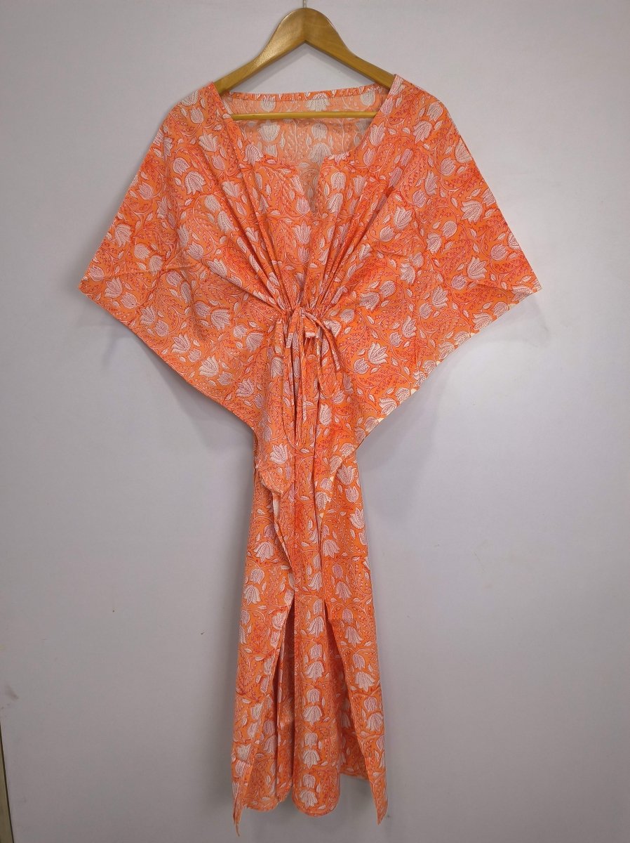 Boho Style Kaftan Dress | Indian Handprinted Sunrise Orange Botanical | Breathable Lightweight Cotton Fabric Comfortable Chic Summer Look - The Eastern Loom