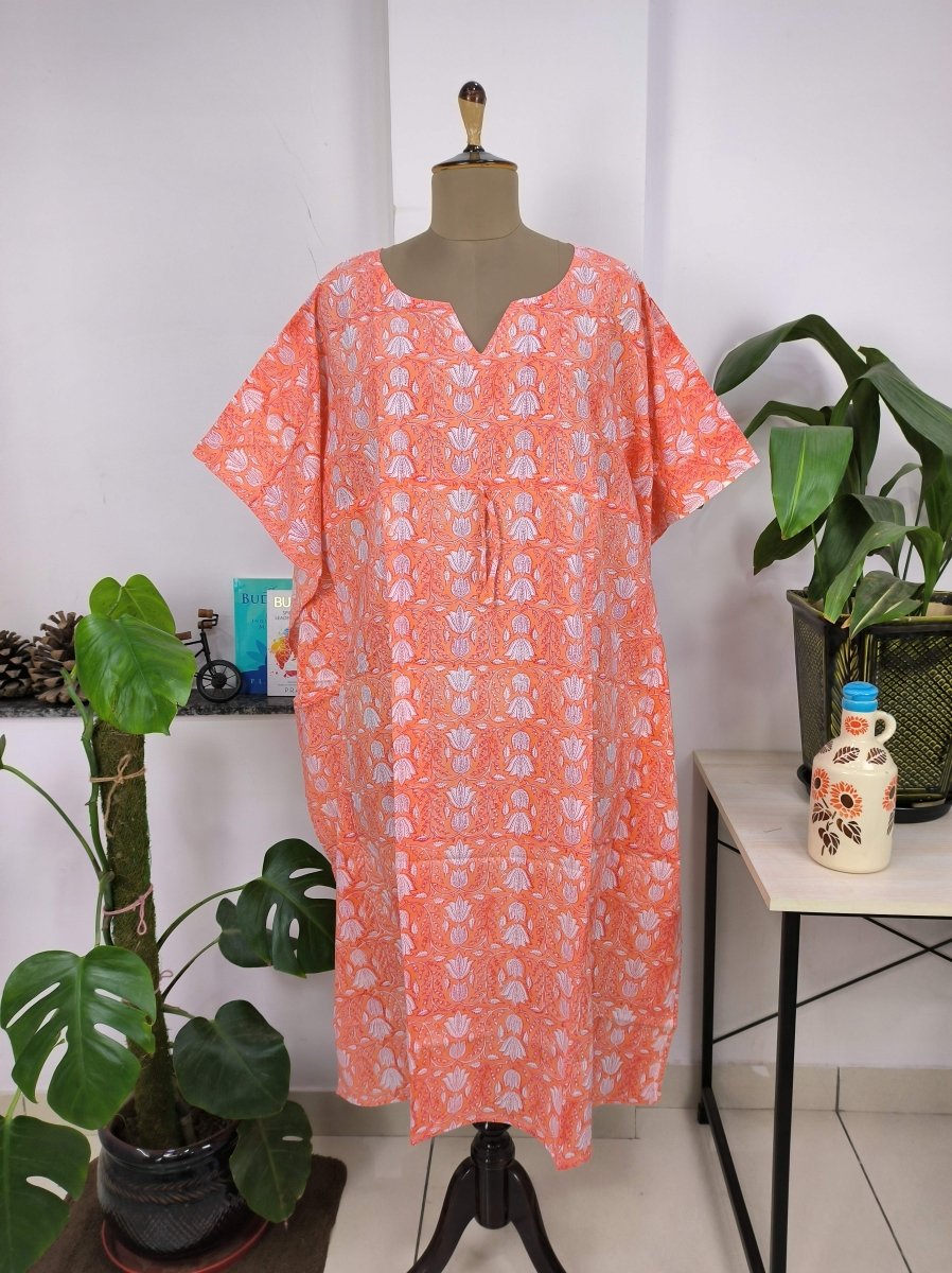 Boho Style Kaftan Dress | Indian Handprinted Sunrise Orange Botanical | Breathable Lightweight Cotton Fabric Comfortable Chic Summer Look - The Eastern Loom