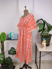 Boho Style Kaftan Dress | Indian Handprinted Sunrise Orange Botanical | Breathable Lightweight Cotton Fabric Comfortable Chic Summer Look - The Eastern Loom