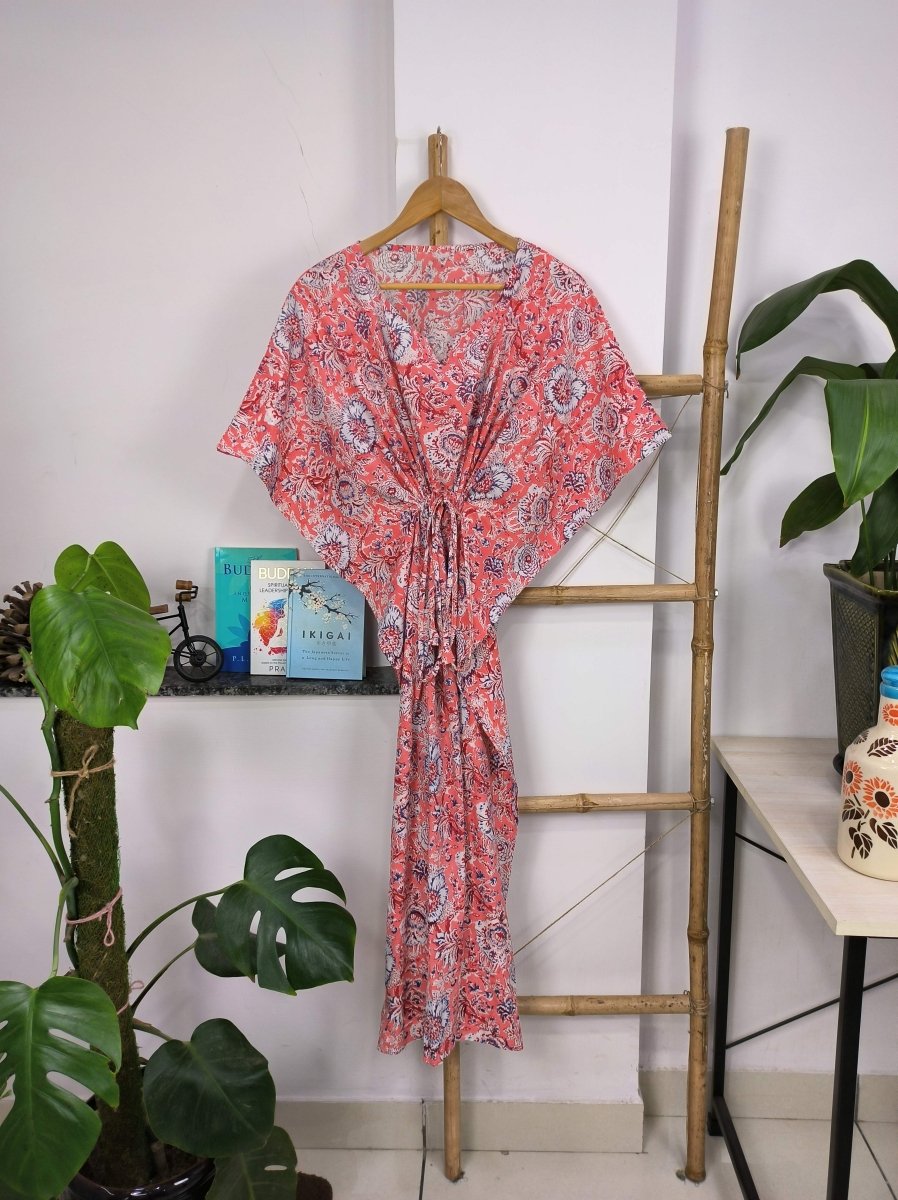 Boho Style Kaftan Dress | Indian Handprinted with Mandy Pink Botanical | Breathable Lightweight Cotton Fabric, Comfortable, Chic Summer Look - The Eastern Loom