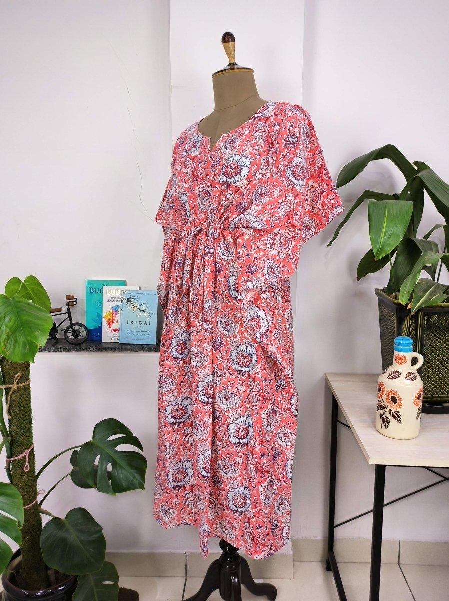 Boho Style Kaftan Dress | Indian Handprinted with Mandy Pink Botanical | Breathable Lightweight Cotton Fabric, Comfortable, Chic Summer Look - The Eastern Loom