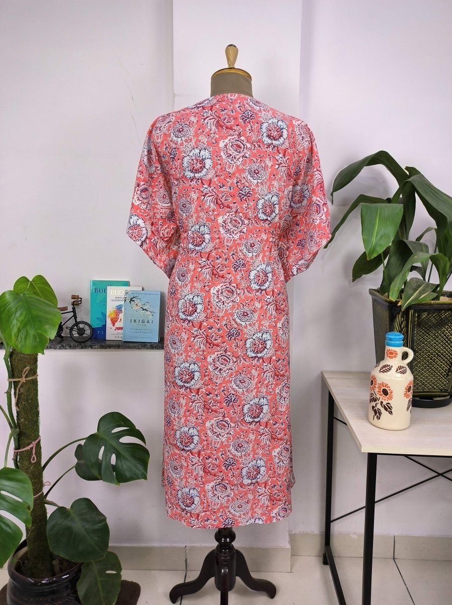 Boho Style Kaftan Dress | Indian Handprinted with Mandy Pink Botanical | Breathable Lightweight Cotton Fabric, Comfortable, Chic Summer Look - The Eastern Loom