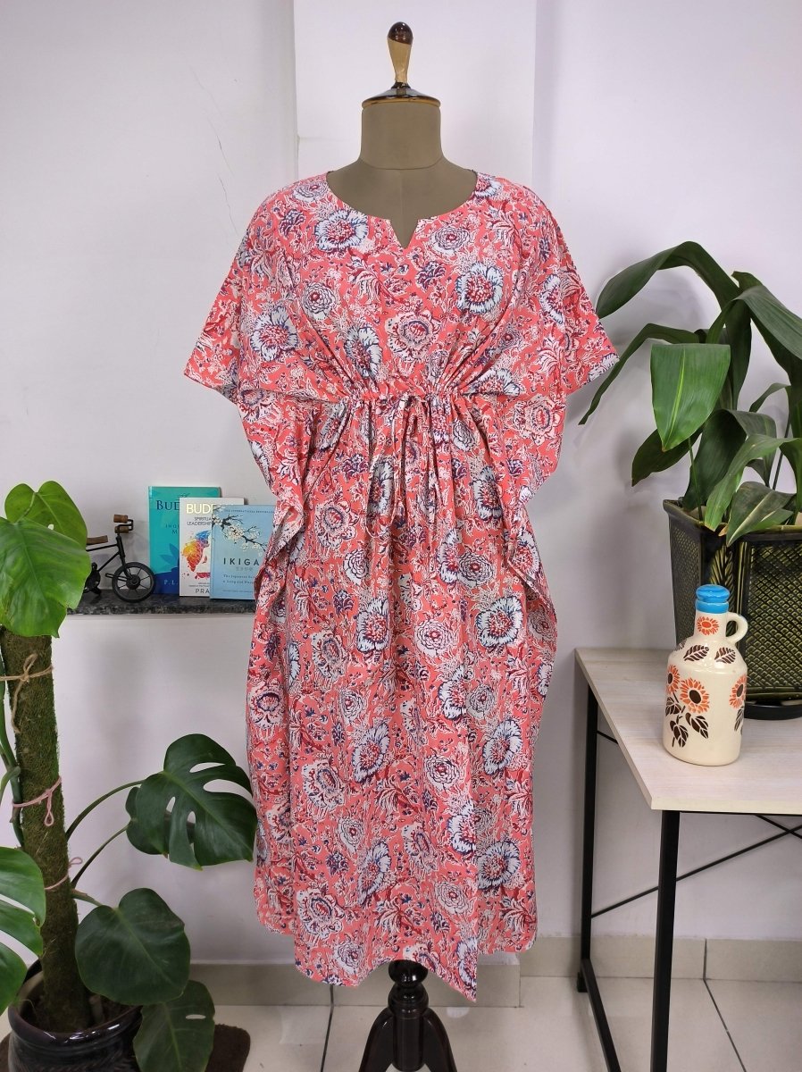 Boho Style Kaftan Dress | Indian Handprinted with Mandy Pink Botanical | Breathable Lightweight Cotton Fabric, Comfortable, Chic Summer Look - The Eastern Loom