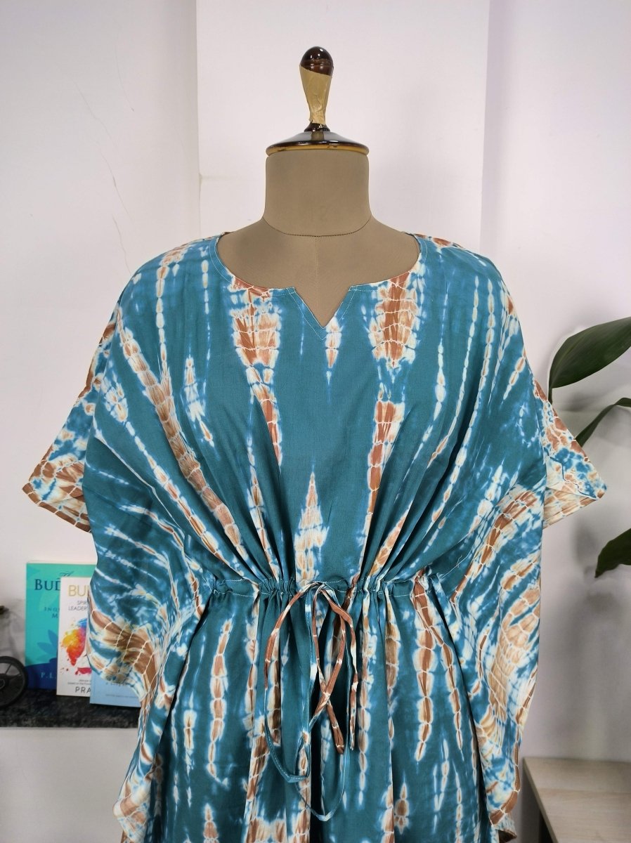 Boho Style Kaftan Dress | Indian Handprinted with Metallic Blue Tie Dye | Breathable Lightweight Cotton Fabric, Comfortable Chic Summer Look - The Eastern Loom