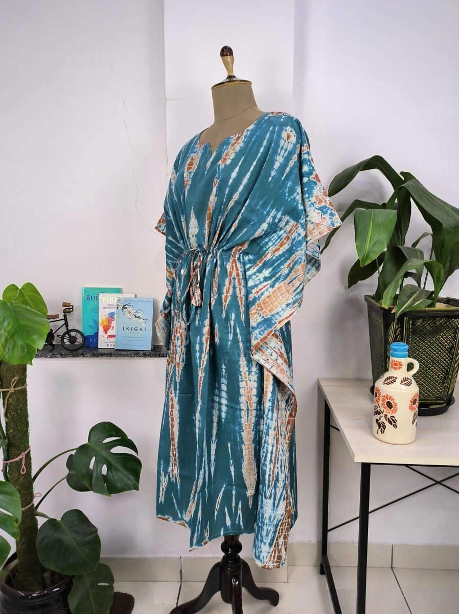 Boho Style Kaftan Dress | Indian Handprinted with Metallic Blue Tie Dye | Breathable Lightweight Cotton Fabric, Comfortable Chic Summer Look - The Eastern Loom
