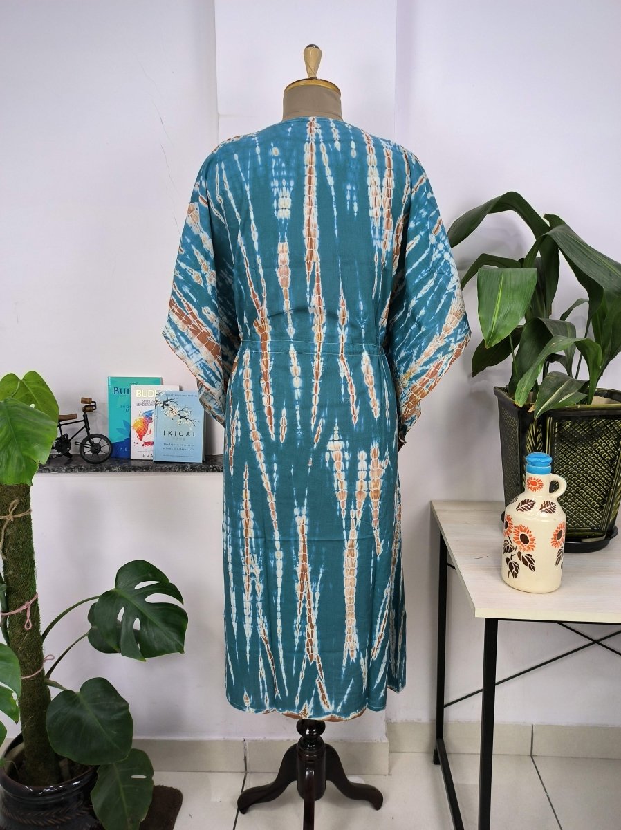 Boho Style Kaftan Dress | Indian Handprinted with Metallic Blue Tie Dye | Breathable Lightweight Cotton Fabric, Comfortable Chic Summer Look - The Eastern Loom