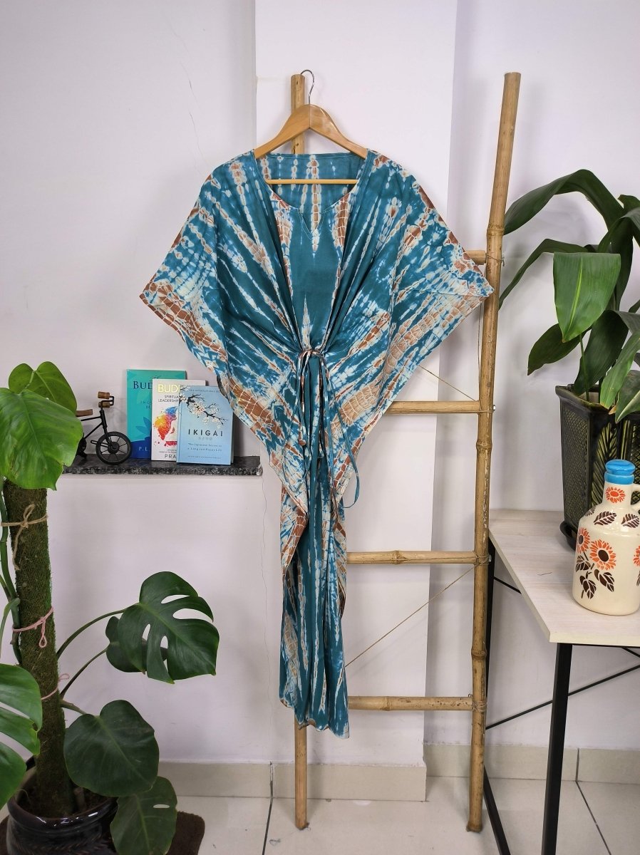 Boho Style Kaftan Dress | Indian Handprinted with Metallic Blue Tie Dye | Breathable Lightweight Cotton Fabric, Comfortable Chic Summer Look - The Eastern Loom