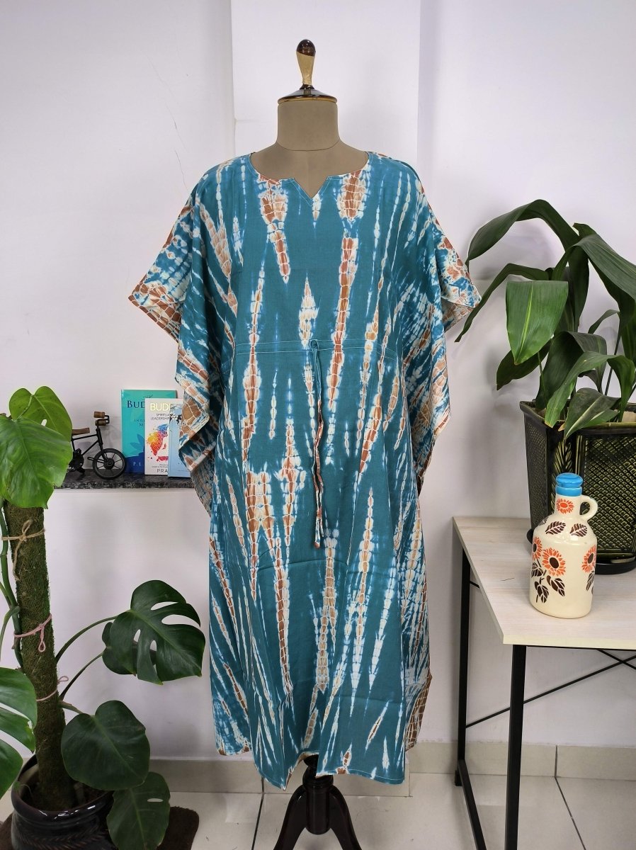 Boho Style Kaftan Dress | Indian Handprinted with Metallic Blue Tie Dye | Breathable Lightweight Cotton Fabric, Comfortable Chic Summer Look - The Eastern Loom