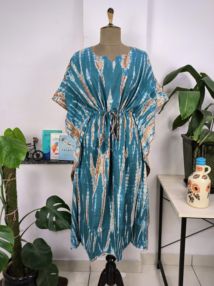 Boho Style Kaftan Dress | Indian Handprinted with Metallic Blue Tie Dye | Breathable Lightweight Cotton Fabric, Comfortable Chic Summer Look - The Eastern Loom