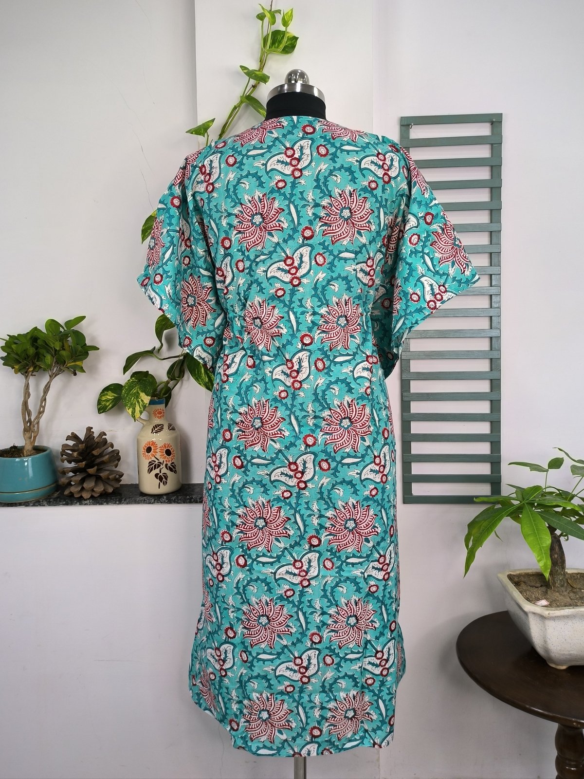 Boho Style Kaftan Dress | Indian Handprinted with Monte Carlo Lotus Bloom | Breathable Lightweight Cotton Fabric, Comfortable, Chic Summer Look - The Eastern Loom