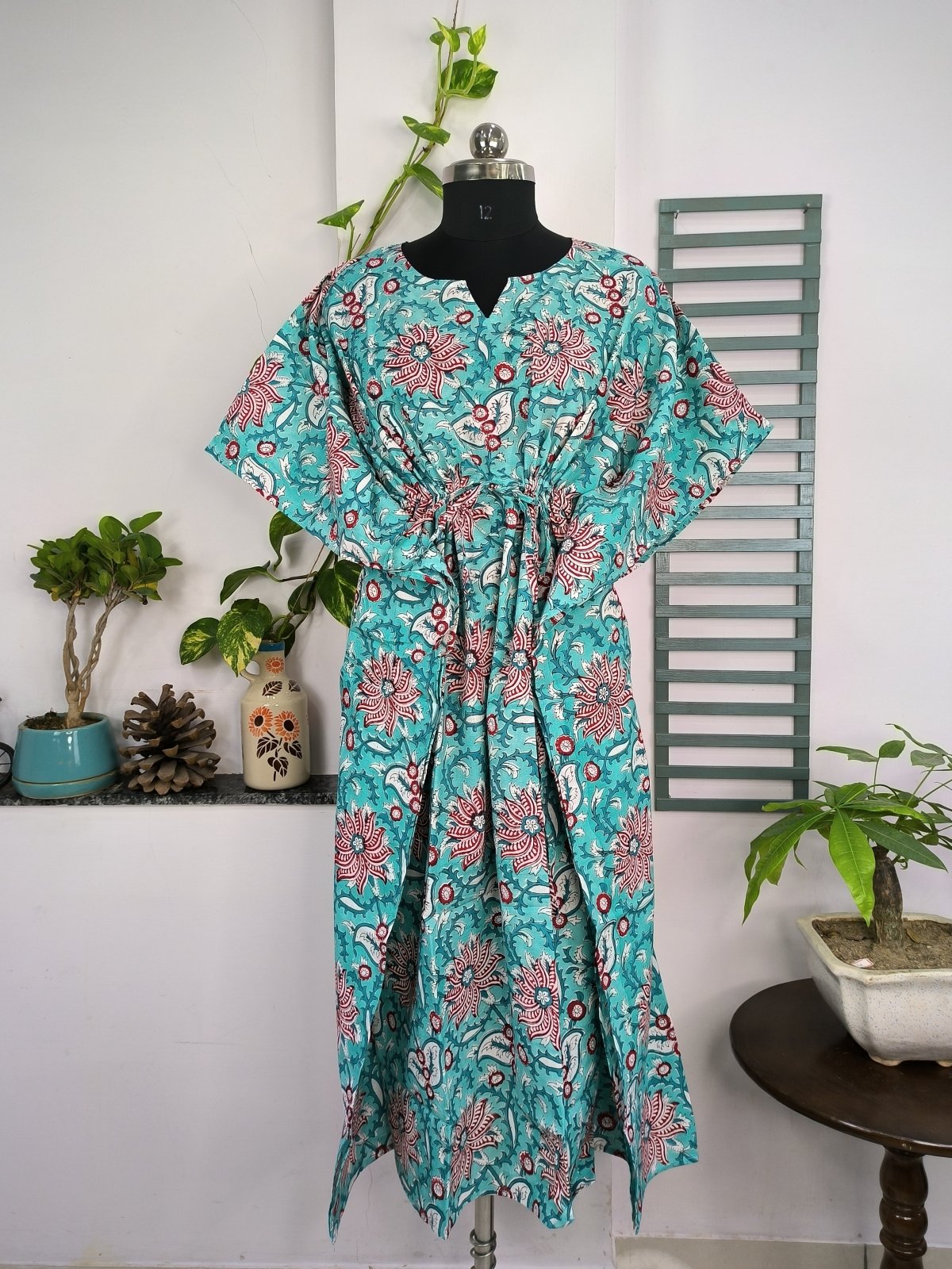 Boho Style Kaftan Dress | Indian Handprinted with Monte Carlo Lotus Bloom | Breathable Lightweight Cotton Fabric, Comfortable, Chic Summer Look - The Eastern Loom
