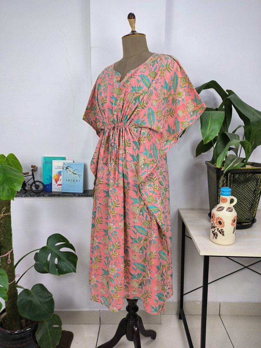 Boho Style Kaftan Dress | Indian Handprinted with Muted Pink Garden | Breathable Lightweight Cotton Fabric, Comfortable, Chic Summer Look - The Eastern Loom