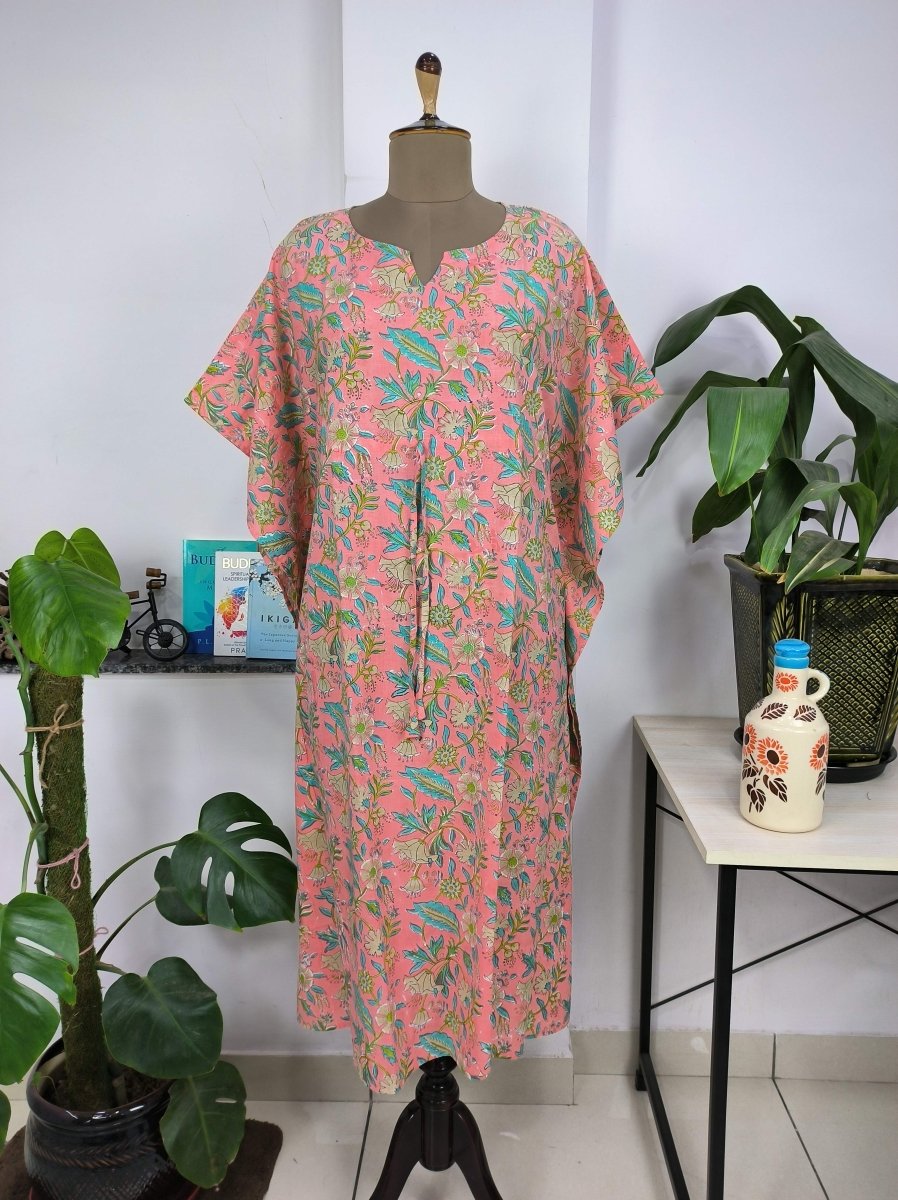 Boho Style Kaftan Dress | Indian Handprinted with Muted Pink Garden | Breathable Lightweight Cotton Fabric, Comfortable, Chic Summer Look - The Eastern Loom