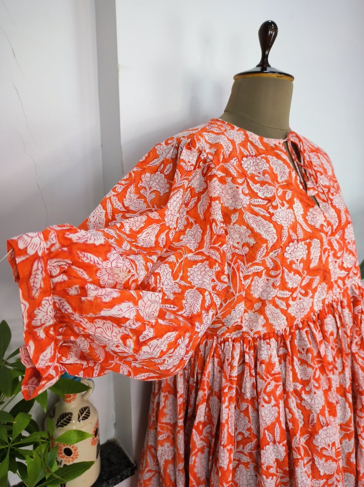 Cotton Dress Hand Block Printed Short Length Hand Stitched, Perfect Anniversary Christmas Gift Her Sister Mother | Tangy Orange White Floral - The Eastern Loom