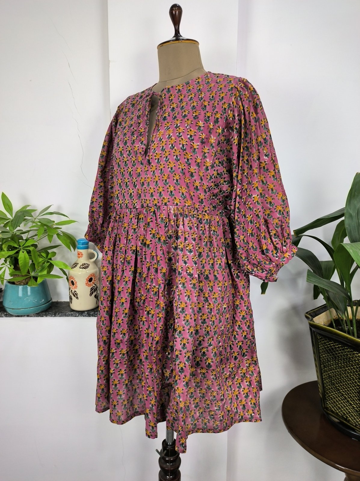 Cotton Dress Hand Block Printed Short Length Hand Stitched | Perfect Anniversary Christmas Gift Her Sister Mother | Wine Yellow Green Floral - The Eastern Loom