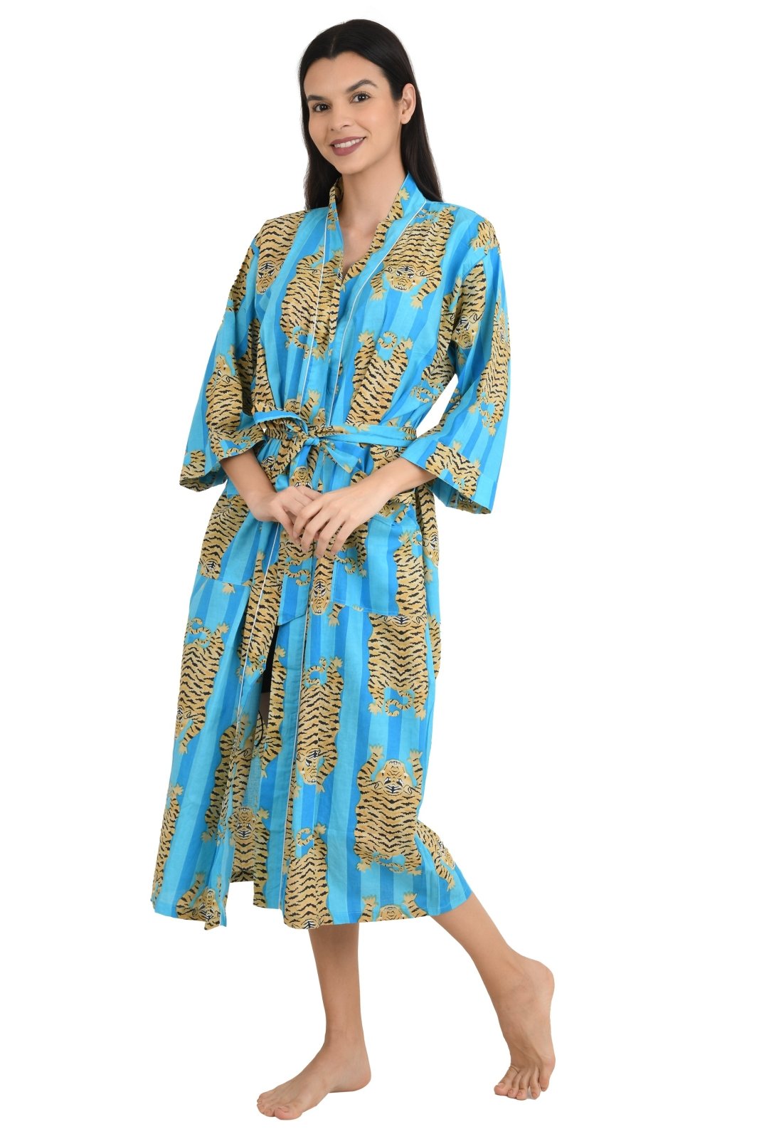 Cotton Kimono House Robe Indian Handprinted Strips Cheetah Print Pattern | Lightweight Summer Luxury Beach Holidays Yacht Cover Up Stunning Dress - The Eastern Loom